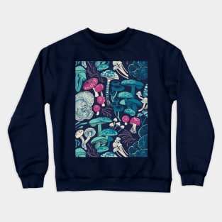 Mystical fungi // midnight blue background mint teal and dark pink wild mushrooms Crewneck Sweatshirt